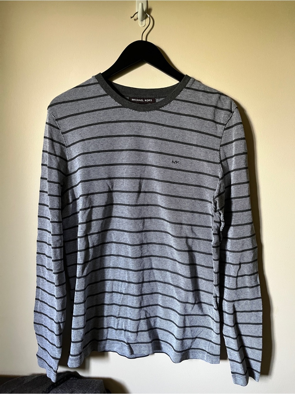 Michael Kors Men's Gray and Black Striped Long Sleeve Crew